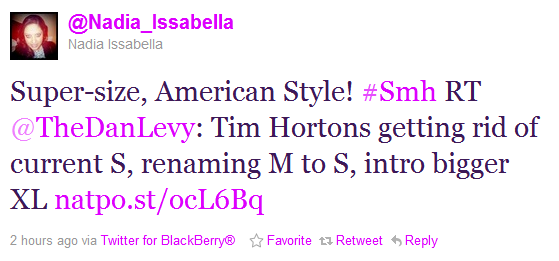 Tim Hortons American Style Nadia_Issabella tweet https://twitter.com/#!/Nadia_Issabella/status/108962093218279425