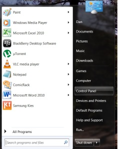 Start Menu Windows 7 Control Panel Selected