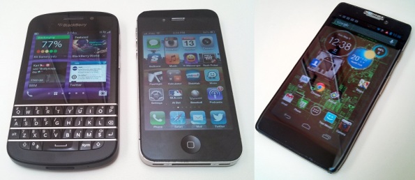 BlackBerry Q10, iPhone 4S, and Motorola RAZR HD LTE in a line